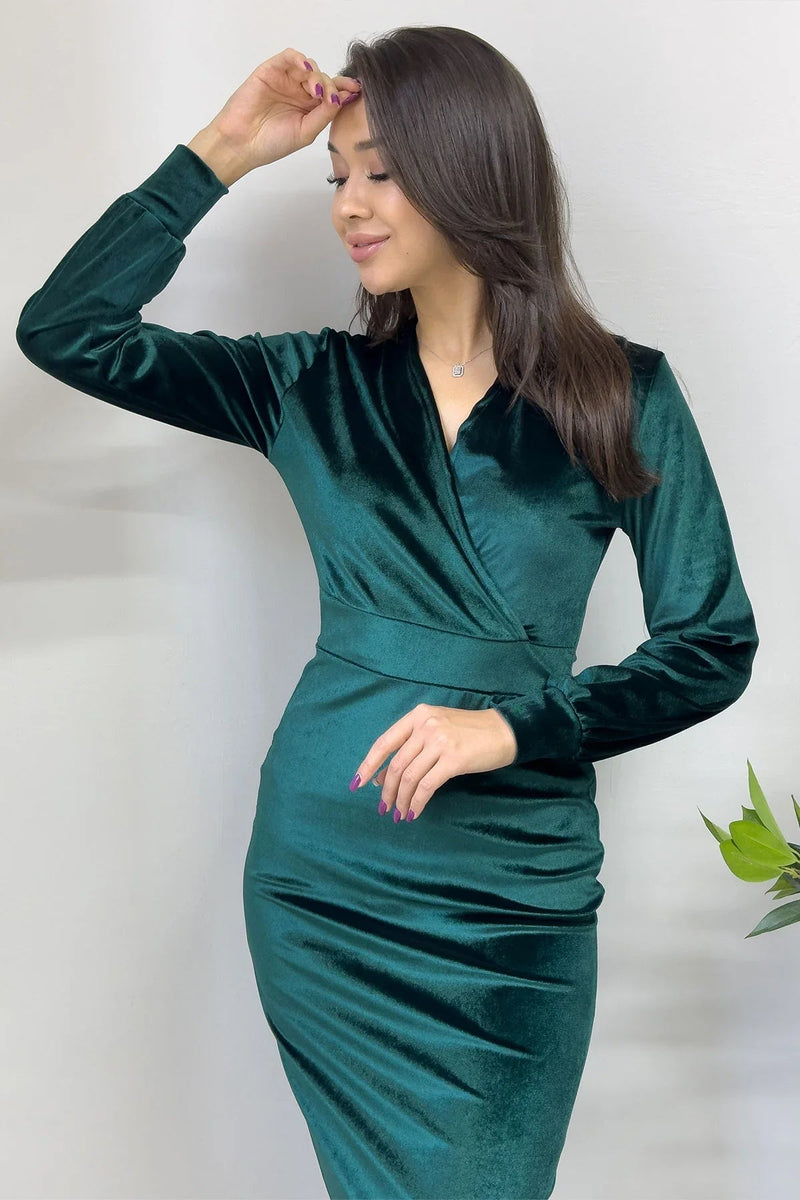 Women's Emerald Green Midi Wrap Plus Size Velvet Dress