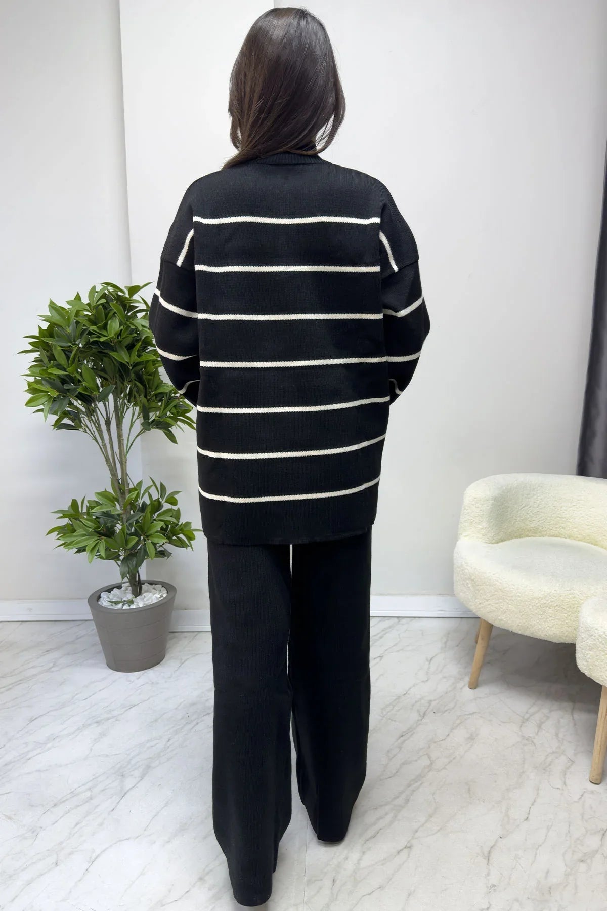 Women's Striped Black Knitwear Pants Sweater Two-Piece Set