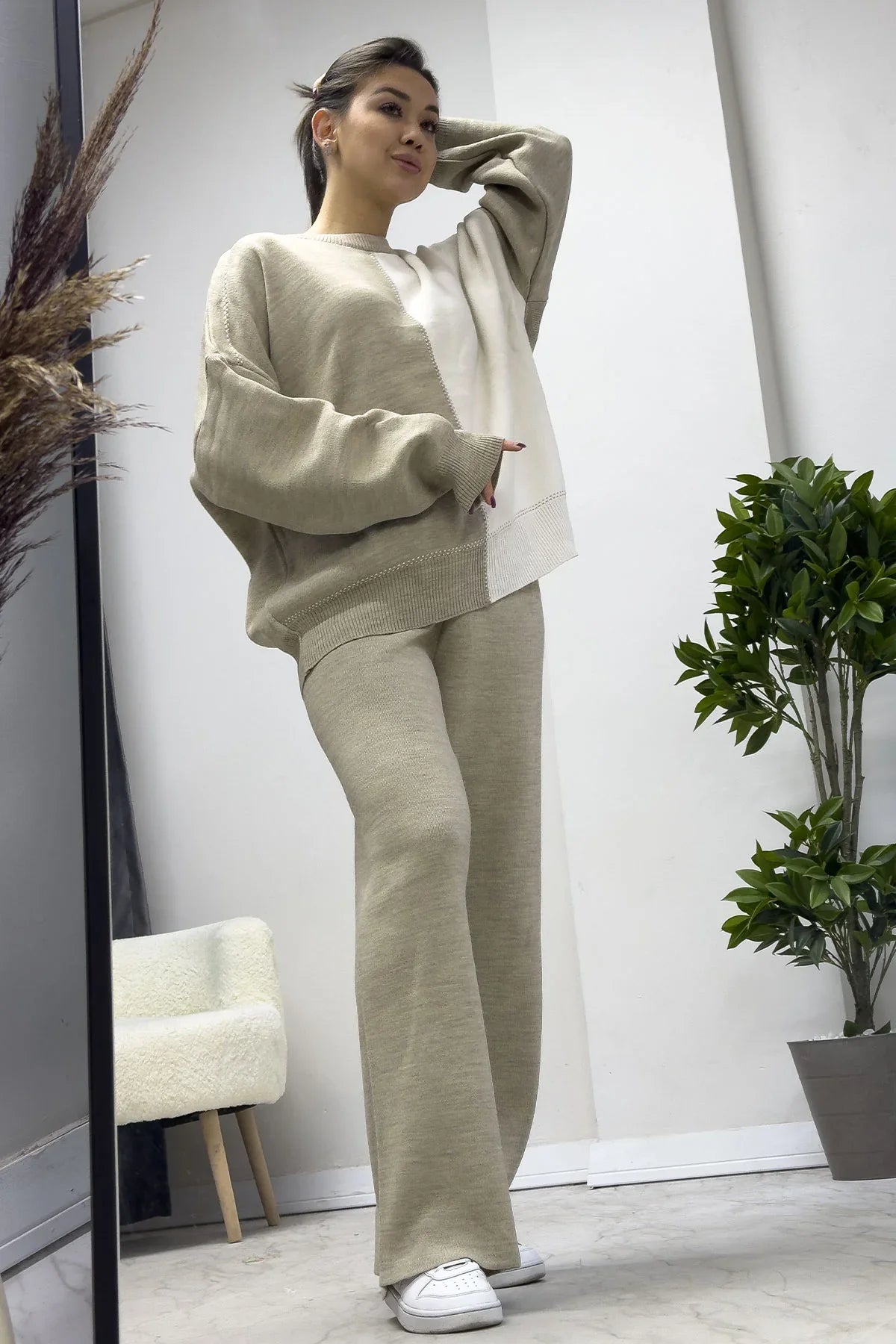 Women's Khaki White Knitwear Two-Piece Set