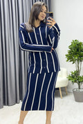 Navy Blue White Knitwear Skirt Cardigan Set