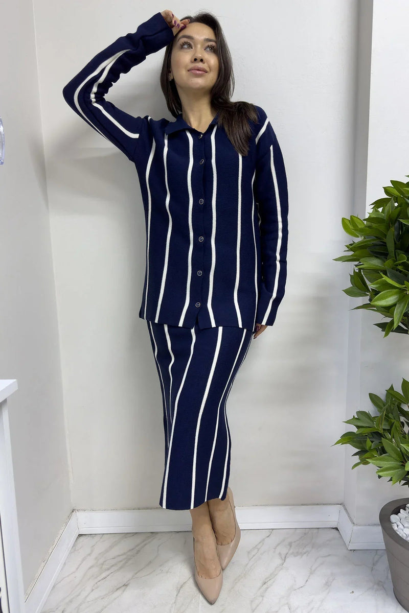 Women's Navy Blue White Knitwear Skirt Cardigan Set