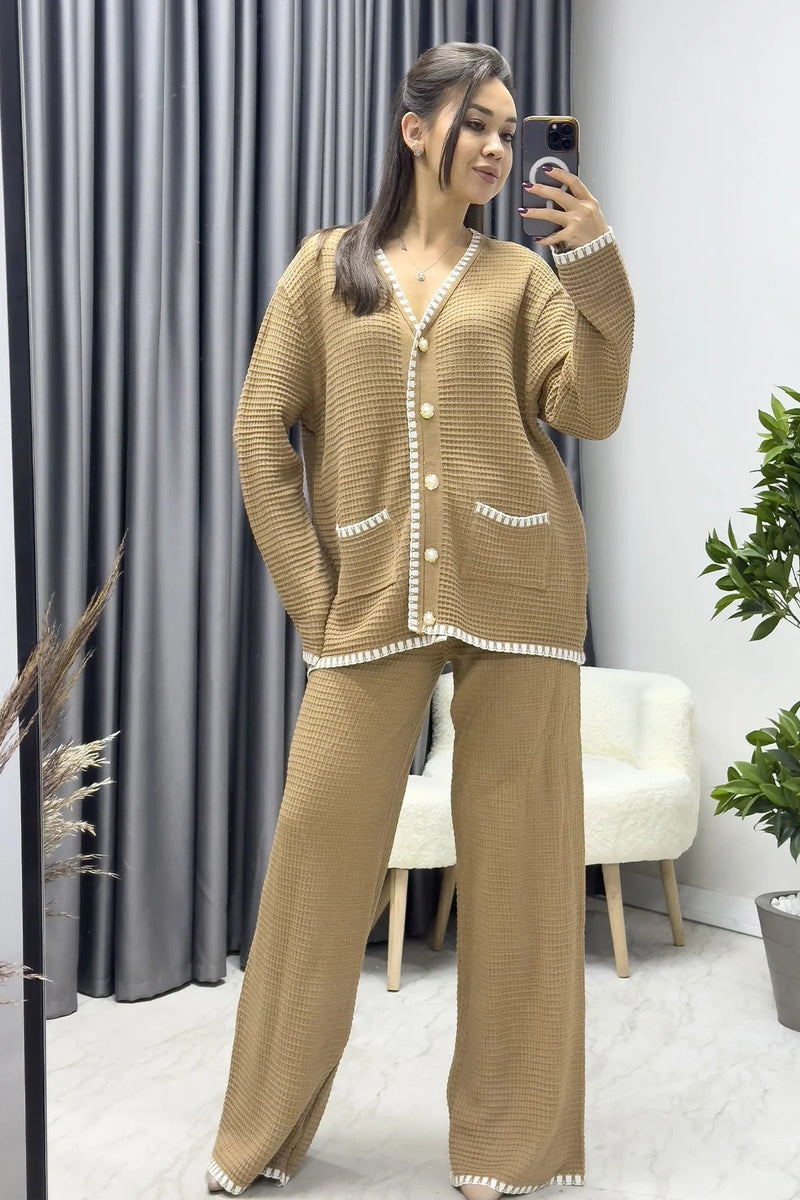 Women's Kroşetalı Tabi Knitwear Pants Cardigan Set