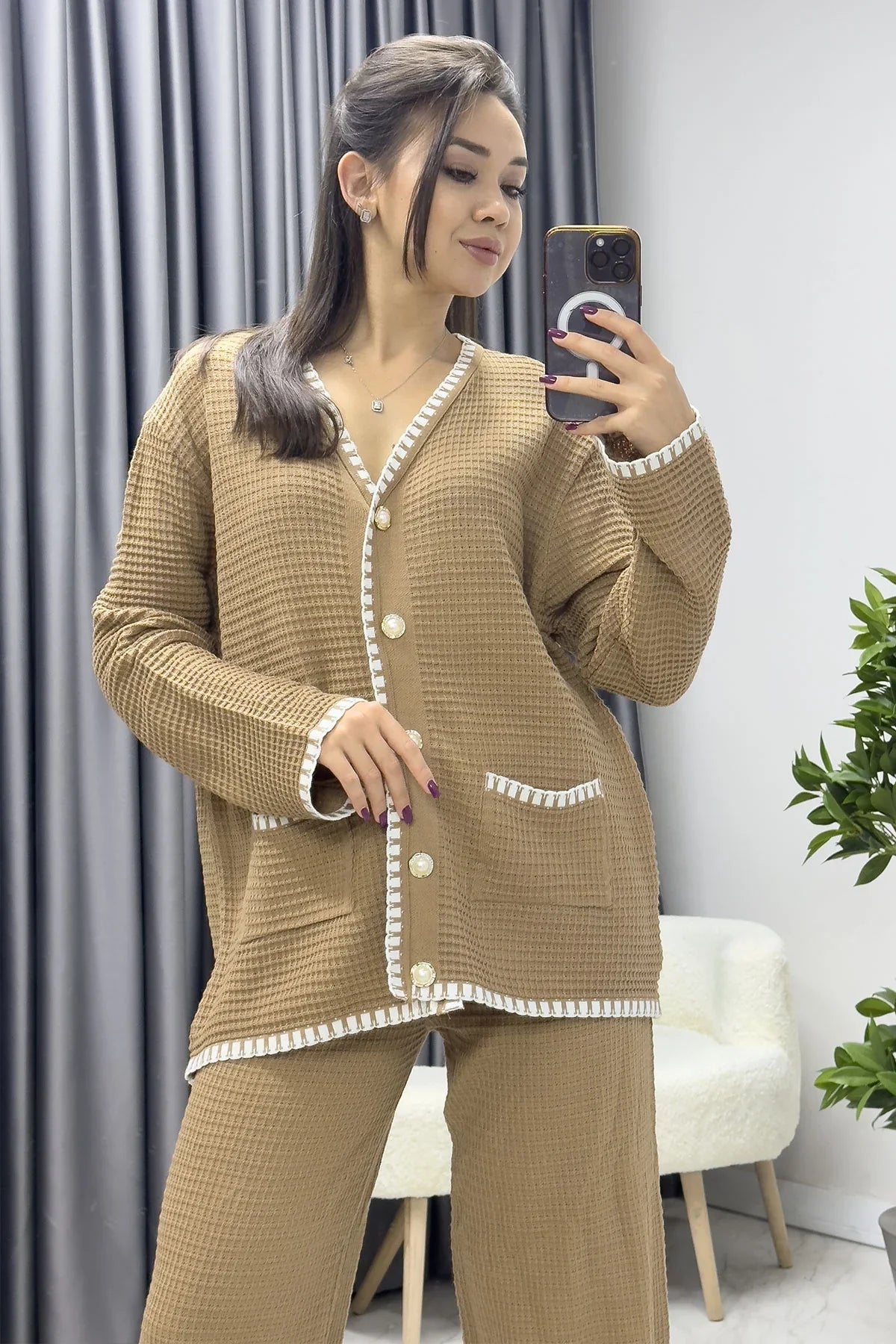 Women's Kroşetalı Tabi Knitwear Pants Cardigan Set