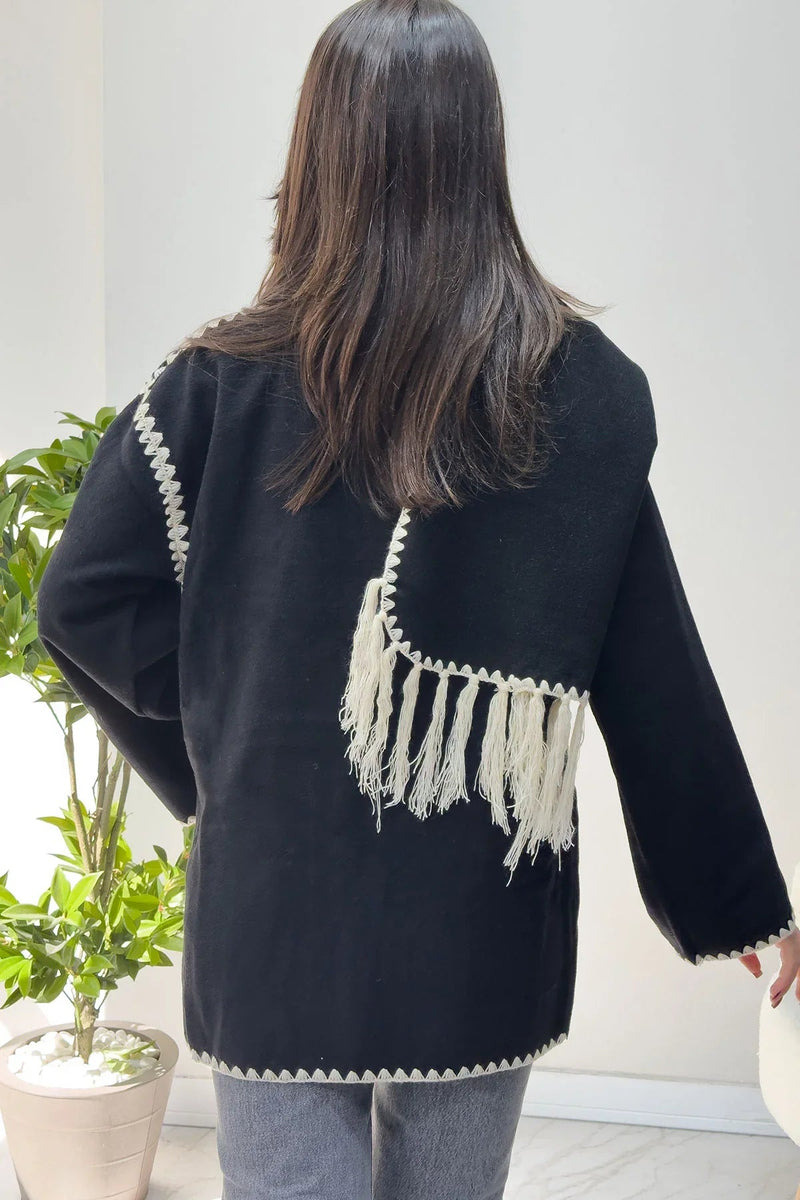 Women's Black Embroideredk Cepli Atkı Detail Coat