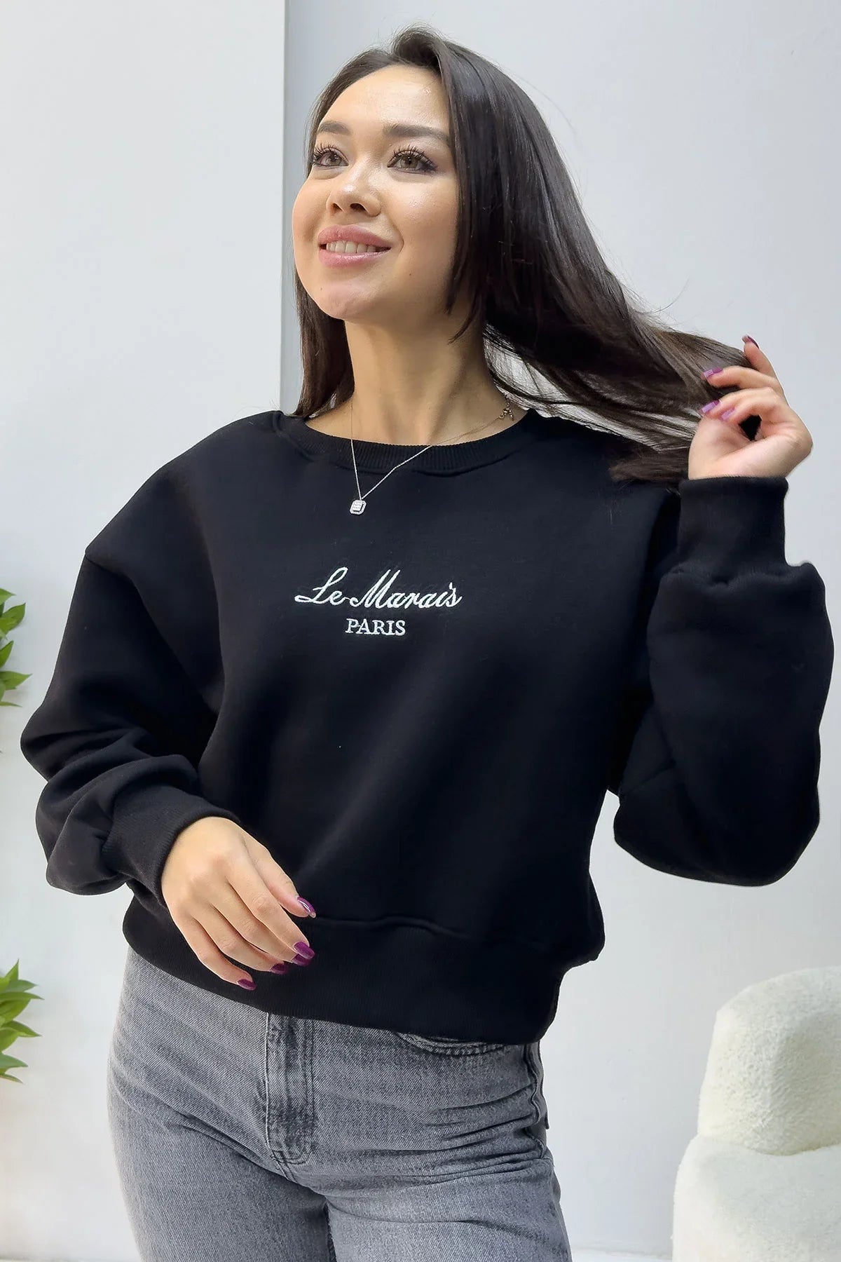 Women's Black Embroidered Sweatshirt