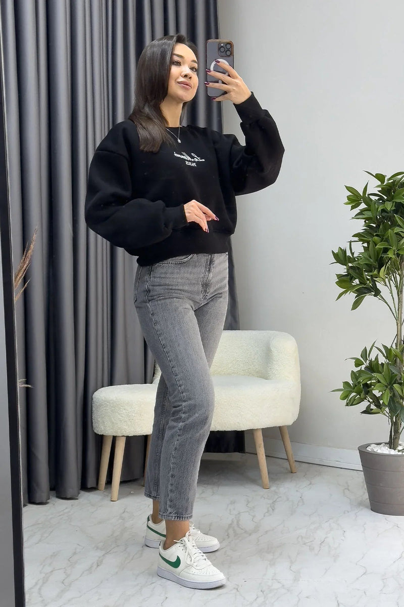 Women's Black Embroidered Sweatshirt