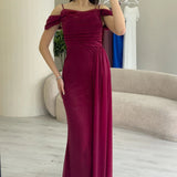 Burgundy Off-Shoulder Glitter Maxi Evening Dress