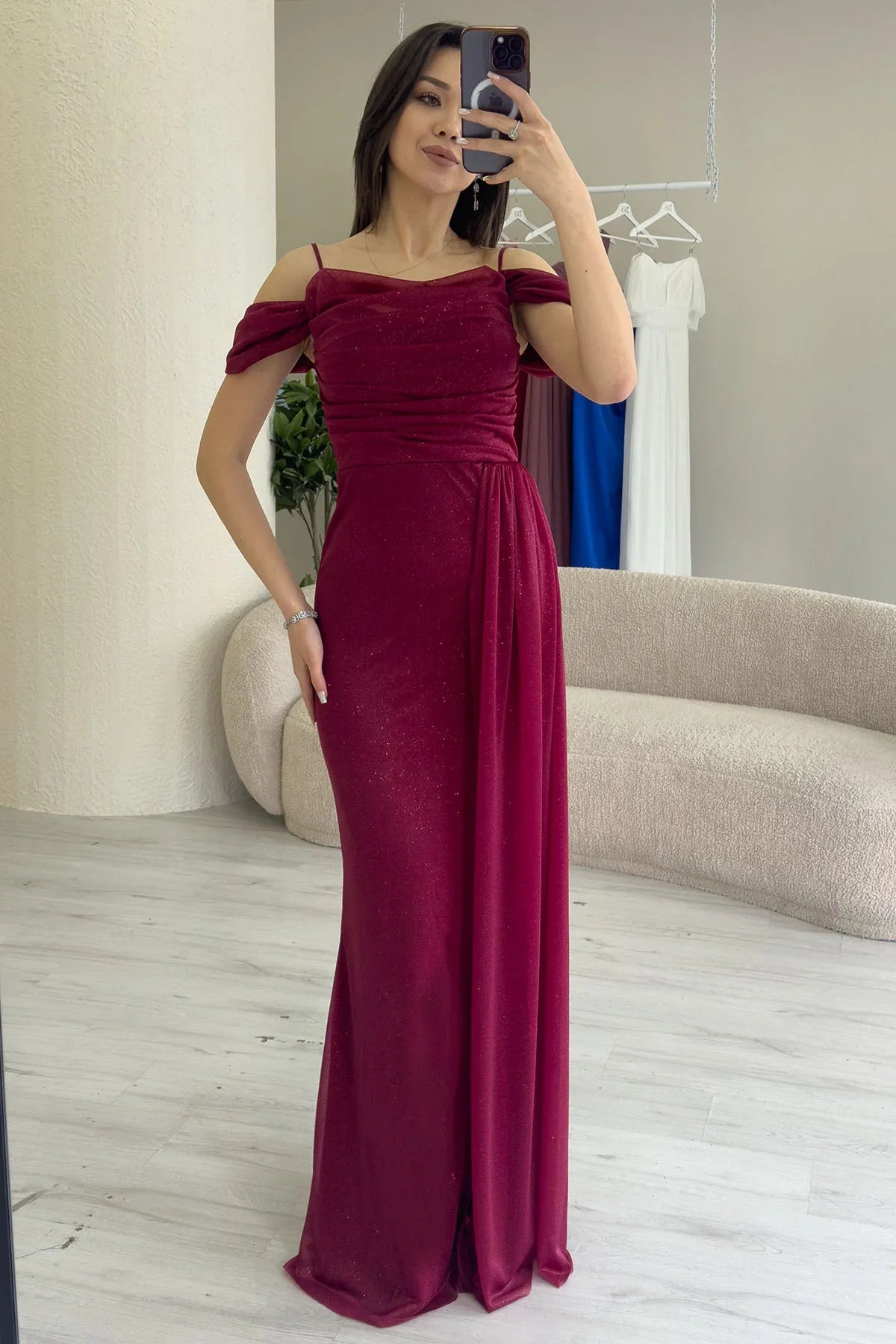 Women's Burgundy Strap Off-Shoulder Yırtmaç Detail Evening Gown