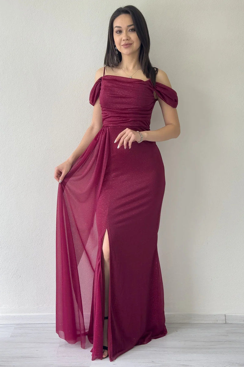 Women's Burgundy Strap Off-Shoulder Yırtmaç Detail Evening Gown