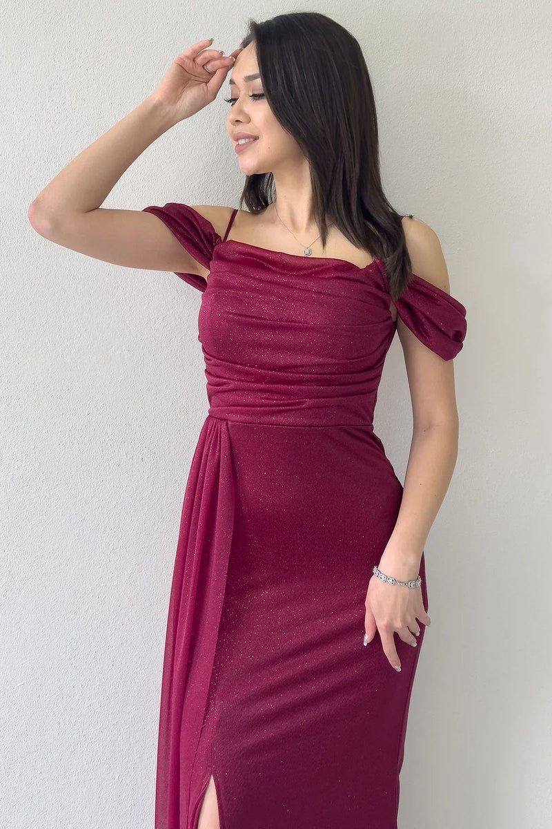 Women's Burgundy Strap Off-Shoulder Yırtmaç Detail Evening Gown