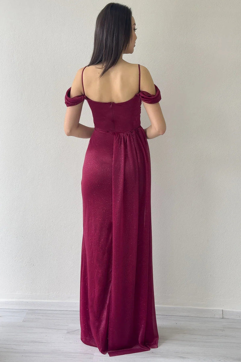 Women's Burgundy Strap Off-Shoulder Yırtmaç Detail Evening Gown