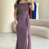 Lilac Off-Shoulder Glitter Maxi Evening Dress