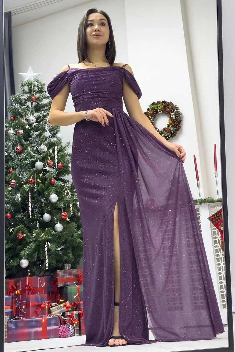 Women's Purple Strap Off-Shoulder Yırtmaç Detail Evening Gown
