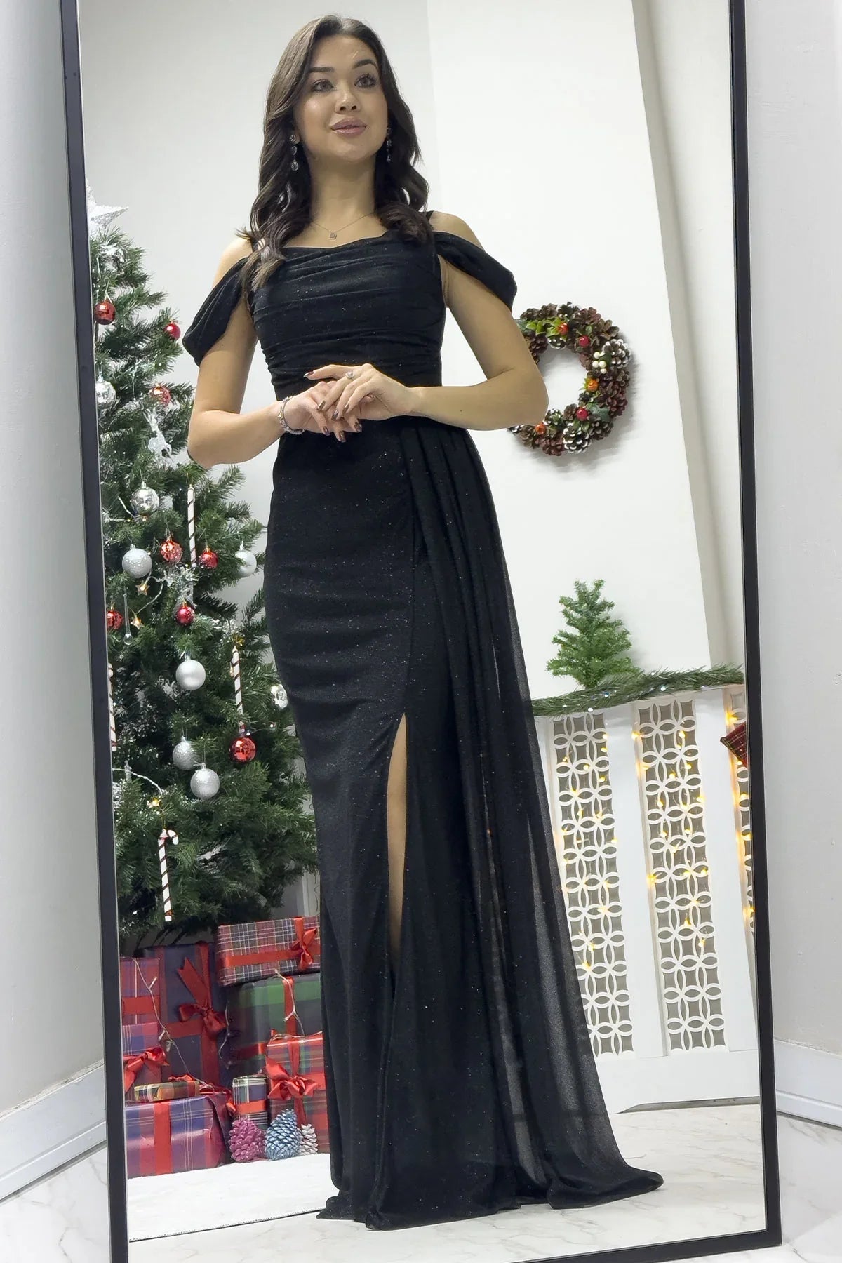 Women's Black Strap Off-Shoulder Yırtmaç Detail Evening Gown