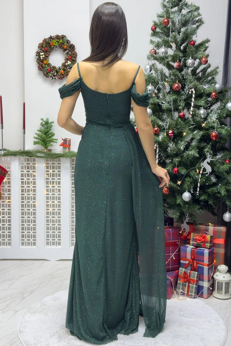 Women's Emerald Green Strap Off-Shoulder Yırtmaç Detail Evening Gown