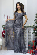 Gray Off-Shoulder Sequin Evening Dress