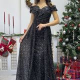 Black Off-Shoulder Sequin Evening Dress