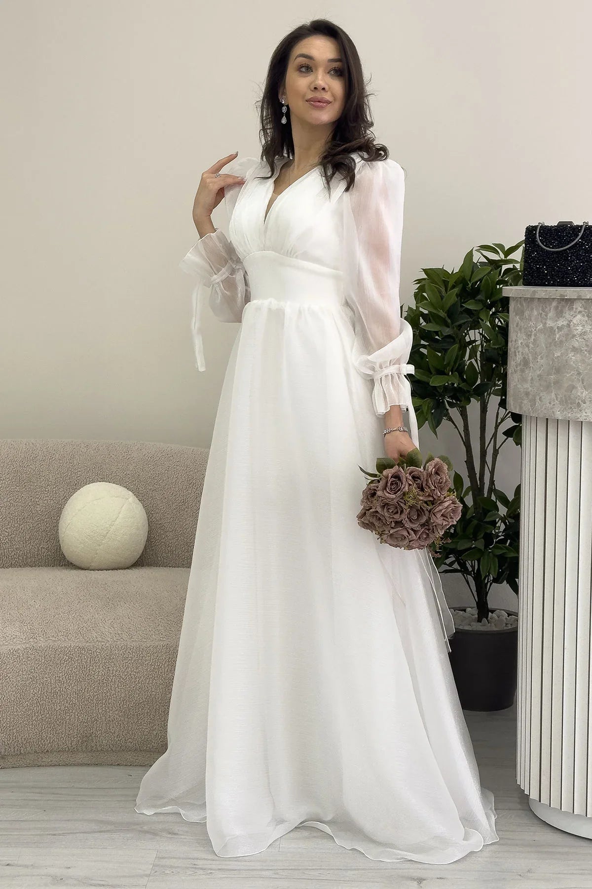 Women's Asymmetric Skirt White Karpuz Sleeve Prenses V-Neck Evening Gown