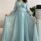 Aqua Green Asymmetrical Skirt Princess Maxi Evening Dress
