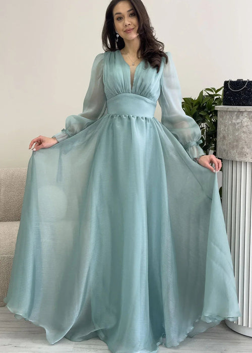 Aqua Green Asymmetrical Skirt Princess Maxi Evening Dress
