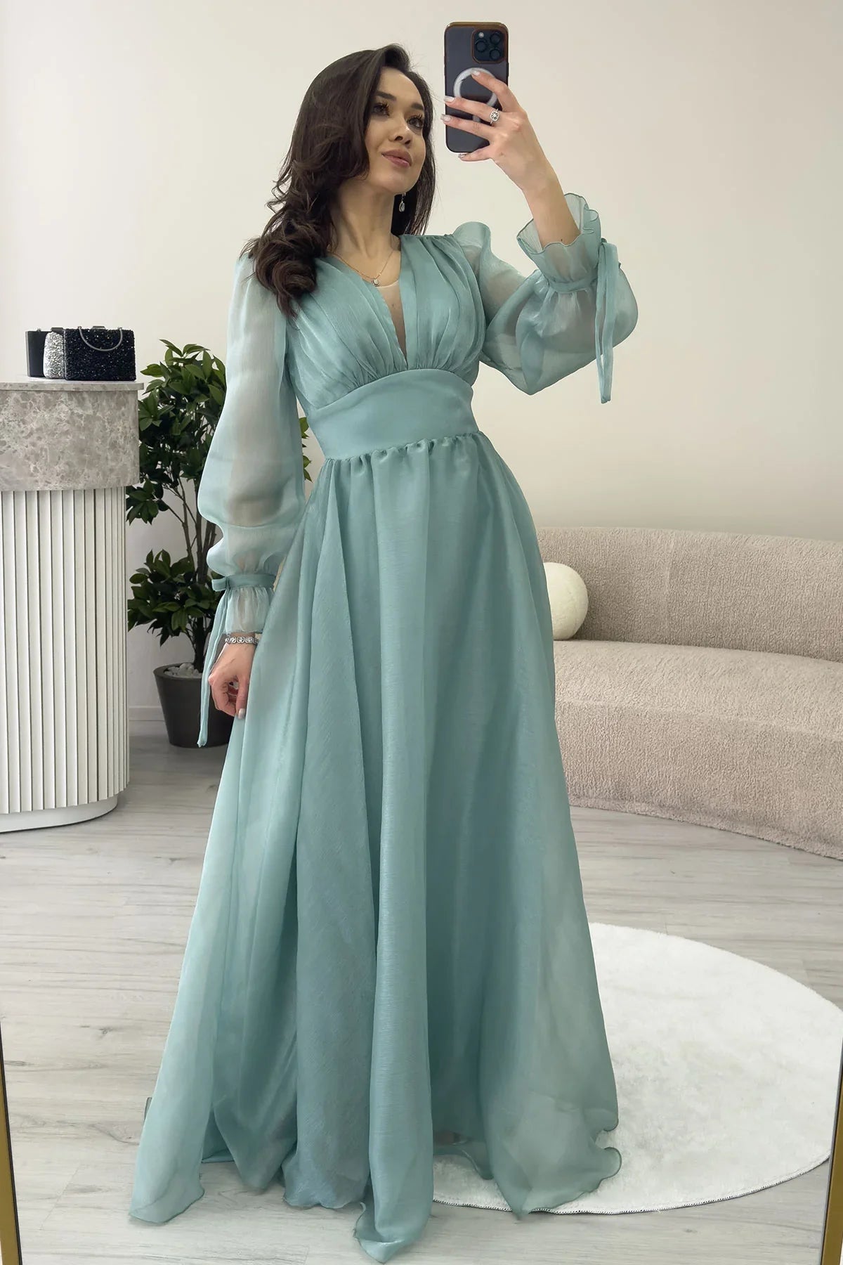 Women's Asymmetric Skirt Aqua Green Karpuz Sleeve Prenses V-Neck Evening Gown