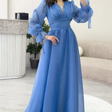 فستان سهرة طويل بتصميم أميرة، تنورة غير متماثلة باللون النيلي