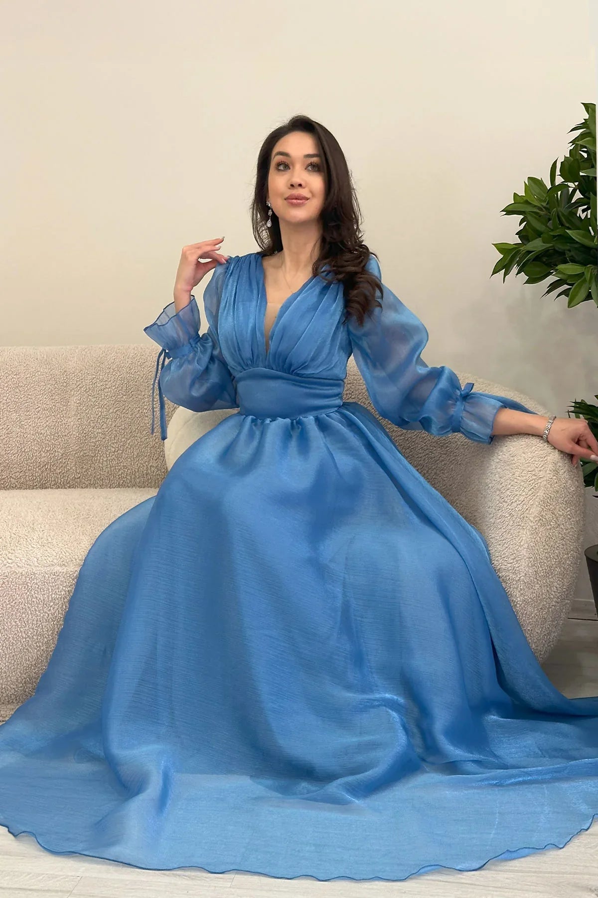 Women's Asymmetric Skirt Turquoise Karpuz Sleeve Prenses V-Neck Evening Gown