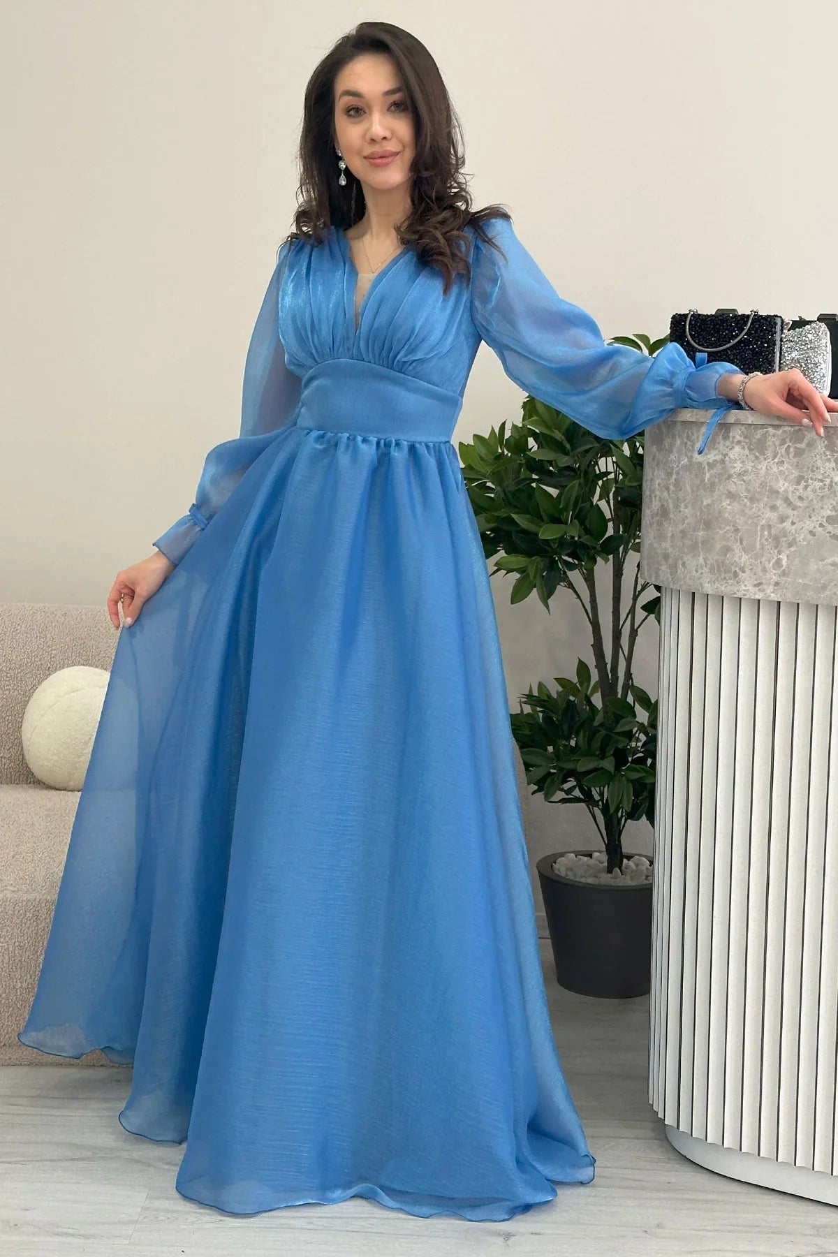 Women's Asymmetric Skirt Turquoise Karpuz Sleeve Prenses V-Neck Evening Gown
