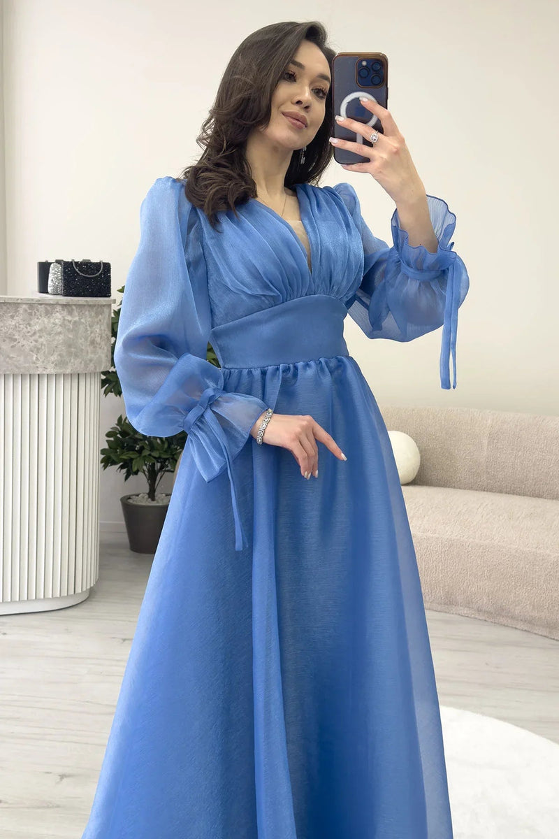 Women's Asymmetric Skirt Turquoise Karpuz Sleeve Prenses V-Neck Evening Gown