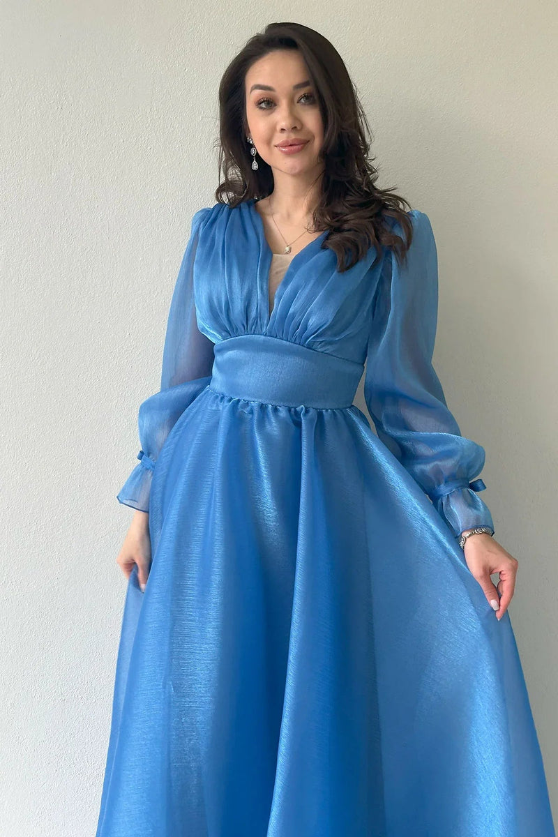 Women's Asymmetric Skirt Turquoise Karpuz Sleeve Prenses V-Neck Evening Gown