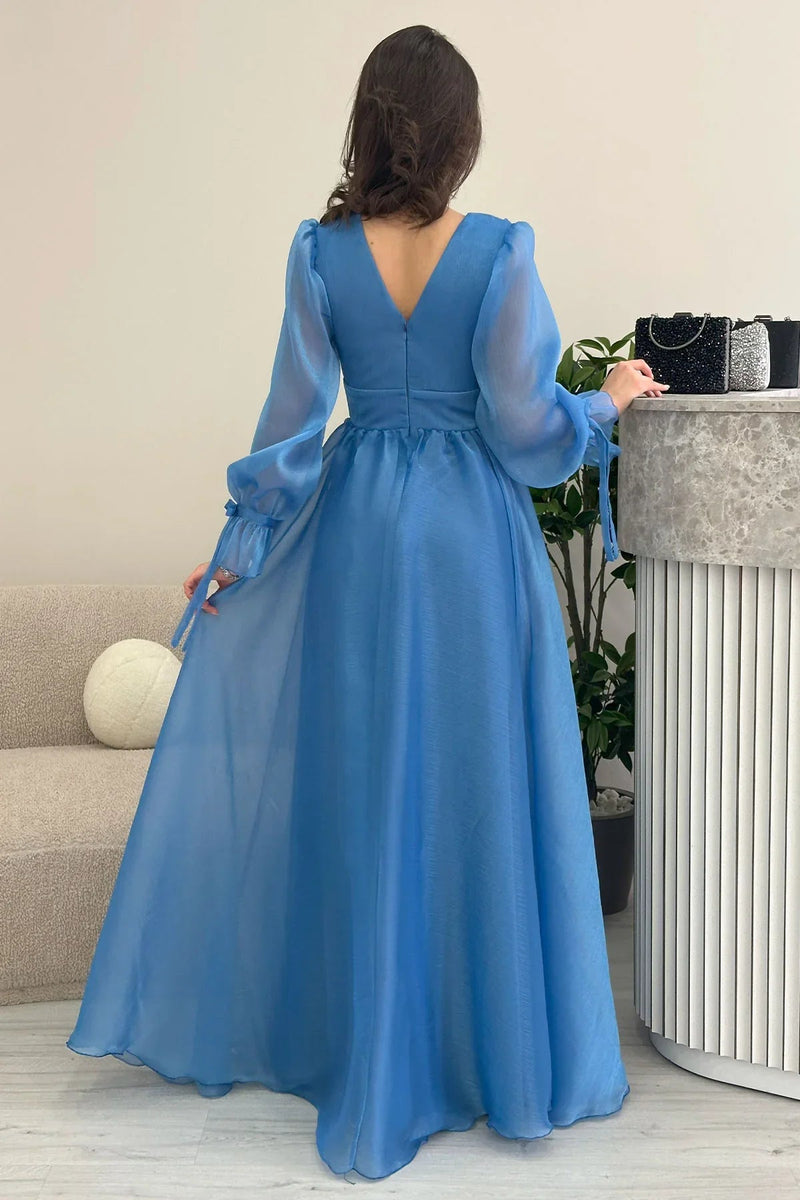 Women's Asymmetric Skirt Turquoise Karpuz Sleeve Prenses V-Neck Evening Gown