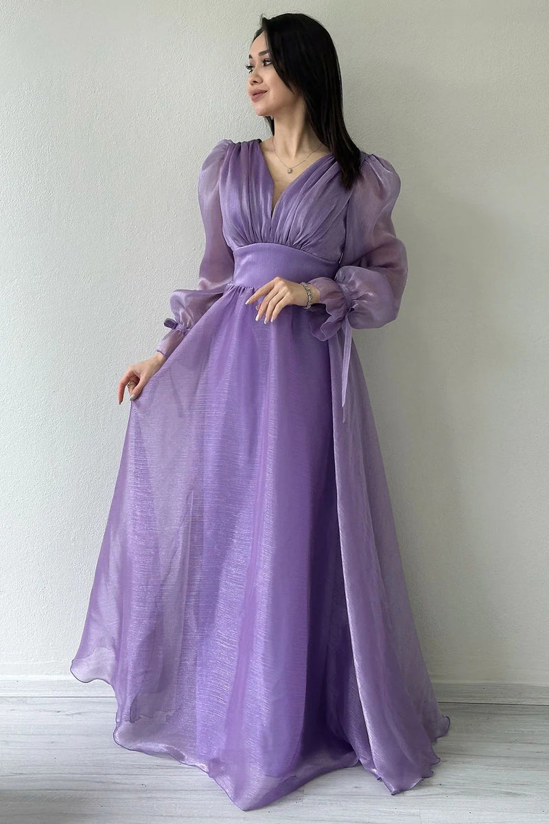 Women's Asymmetric Skirt Lilac Karpuz Sleeve Prenses V-Neck Evening Gown