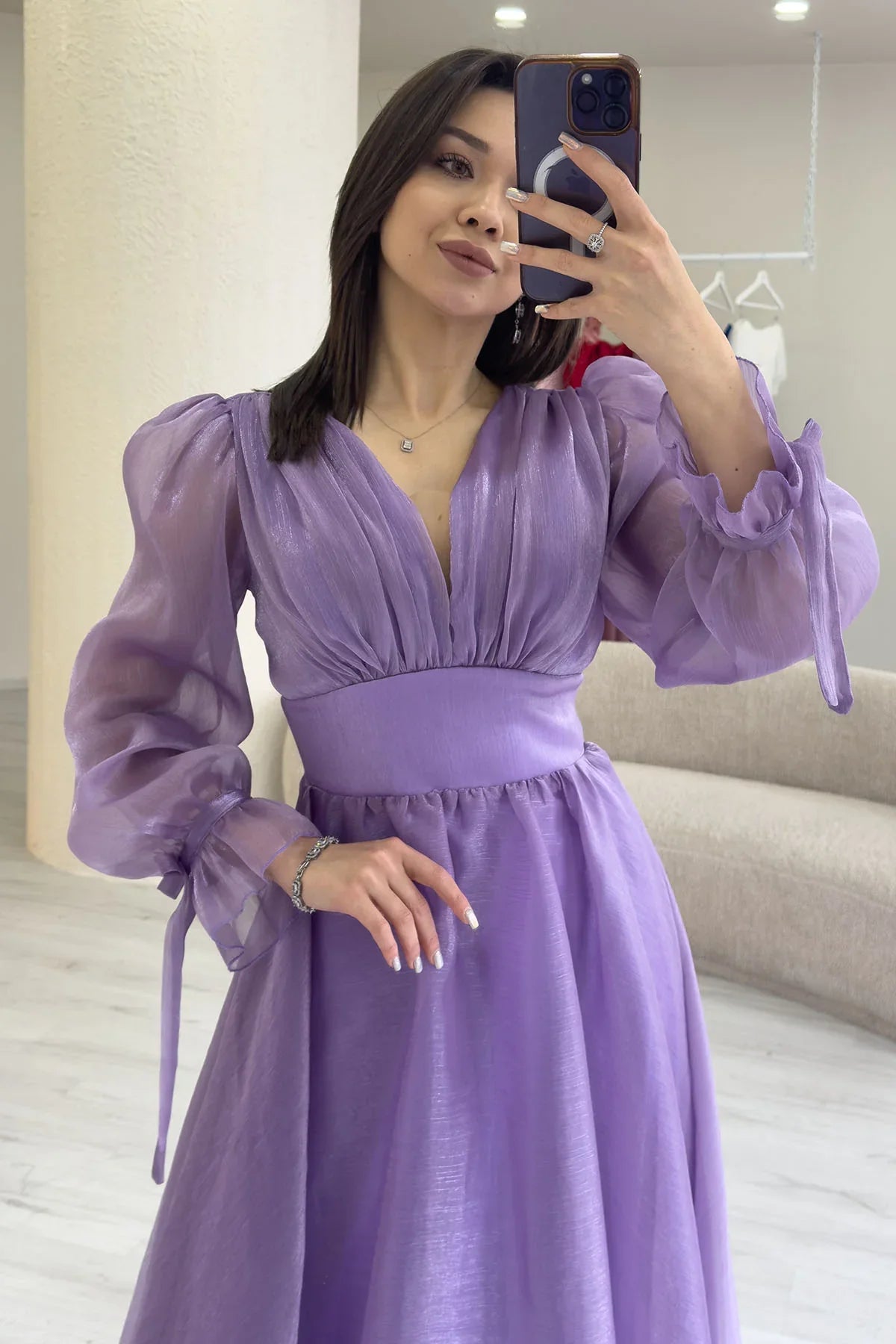 Women's Asymmetric Skirt Lilac Karpuz Sleeve Prenses V-Neck Evening Gown