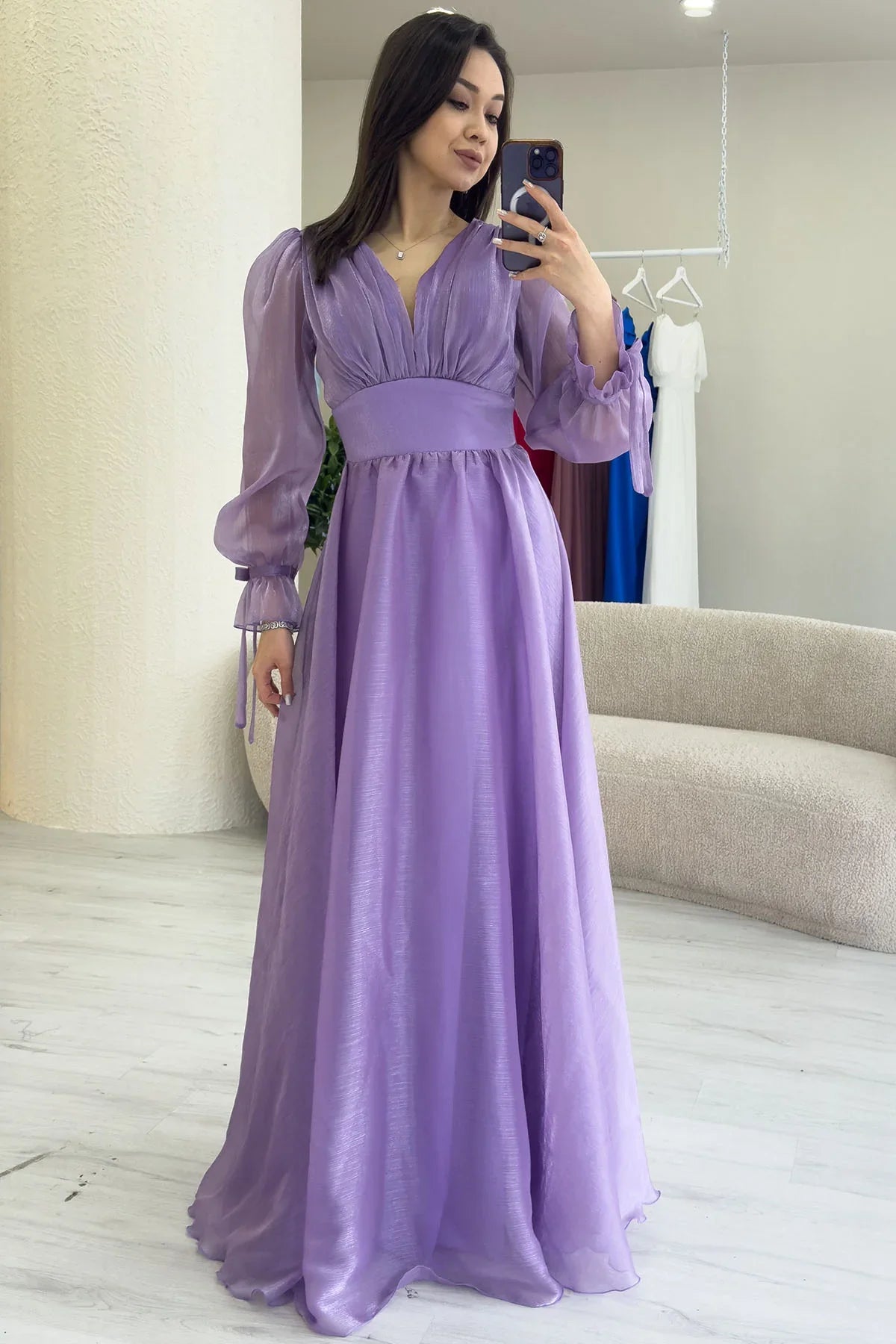 Women's Asymmetric Skirt Lilac Karpuz Sleeve Prenses V-Neck Evening Gown