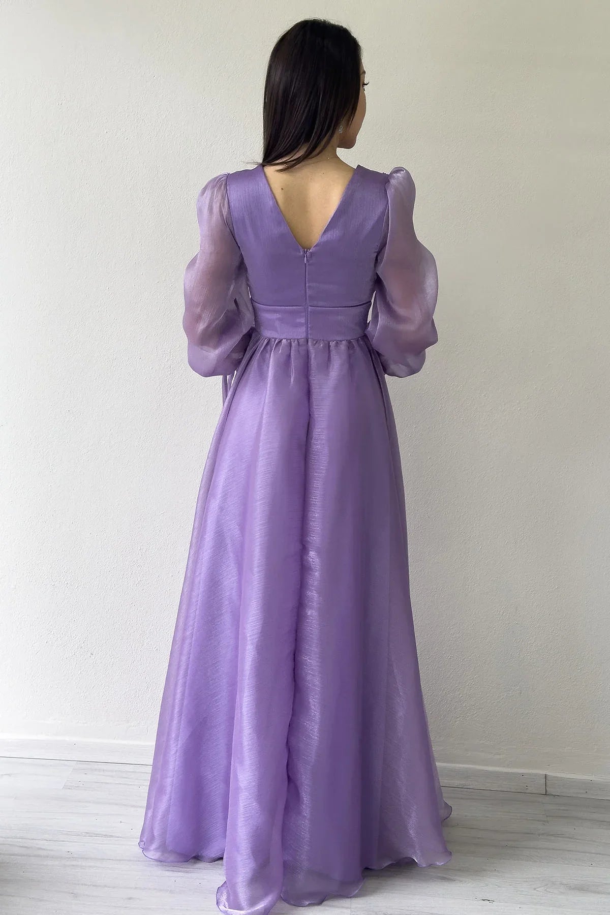 Women's Asymmetric Skirt Lilac Karpuz Sleeve Prenses V-Neck Evening Gown