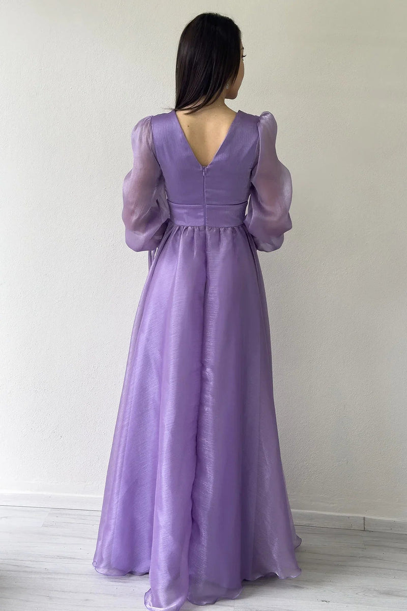 Women's Asymmetric Skirt Lilac Karpuz Sleeve Prenses V-Neck Evening Gown
