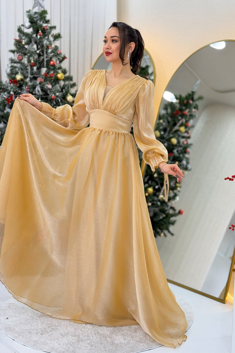 Gold Asymmetrical Skirt Princess Maxi Evening Dress