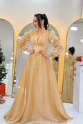 Gold Asymmetrical Skirt Princess Maxi Evening Dress