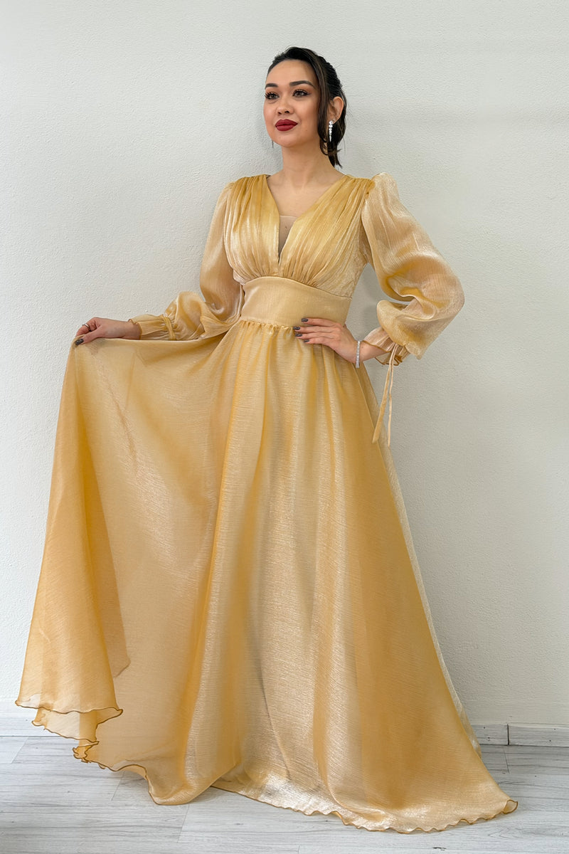 Gold Asymmetrical Skirt Princess Maxi Evening Dress