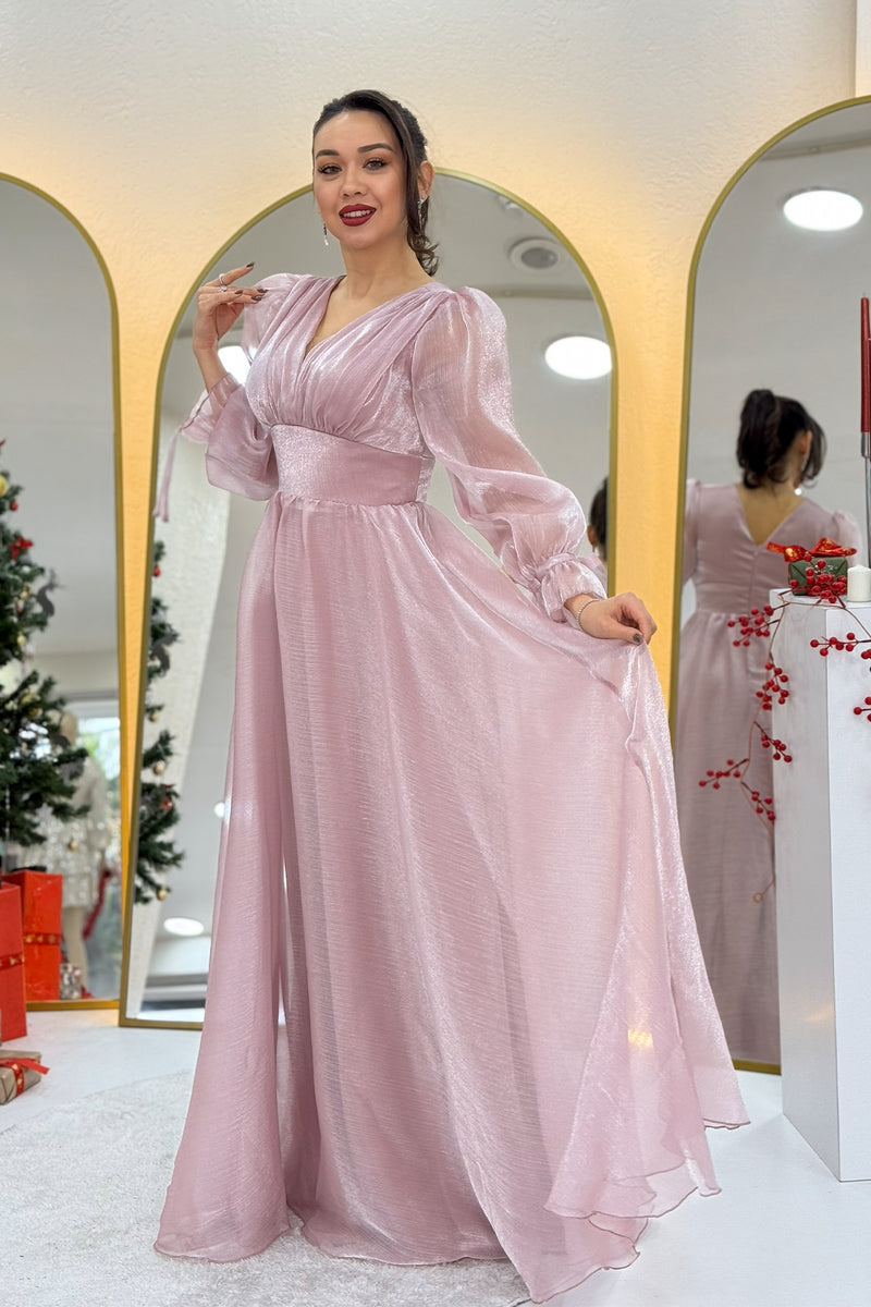 Powder Pink Asymmetrical Skirt Princess Maxi Evening Dress