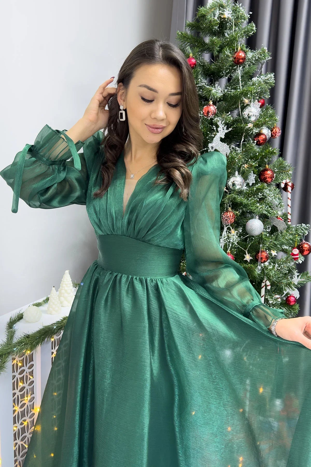 Women's Emerald Green Karpuz Sleeve Prenses V-Neck Evening Gown