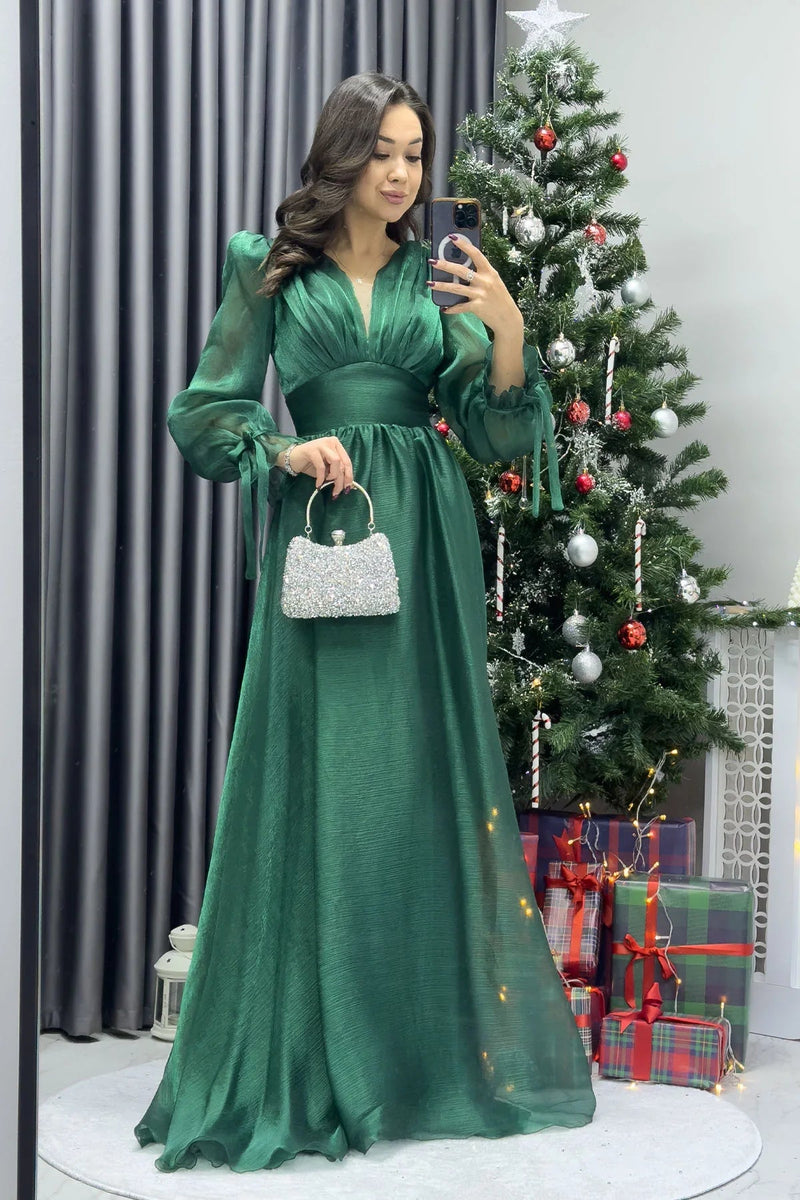 Women's Emerald Green Karpuz Sleeve Prenses V-Neck Evening Gown