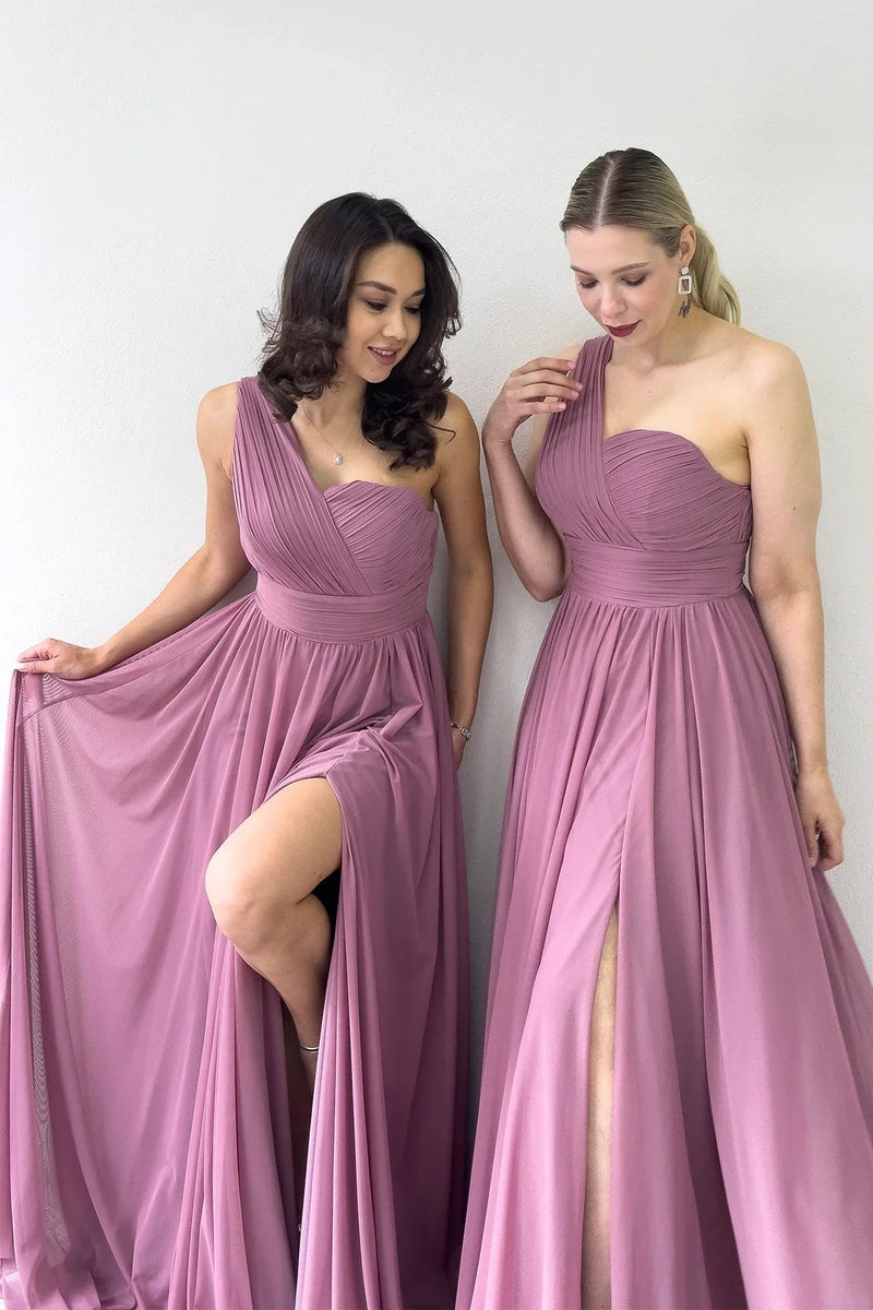 Women's Dusty Rose Tek Omuz Piliseli Flared Evening Gown