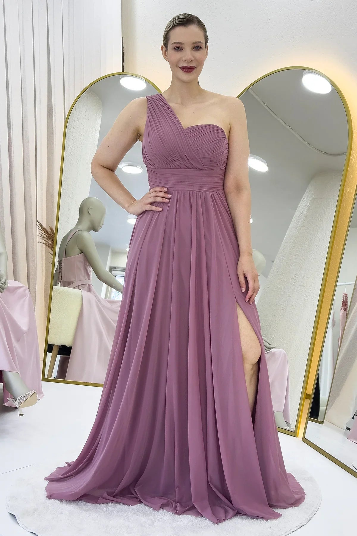 Women's Dusty Rose Tek Omuz Piliseli Flared Evening Gown