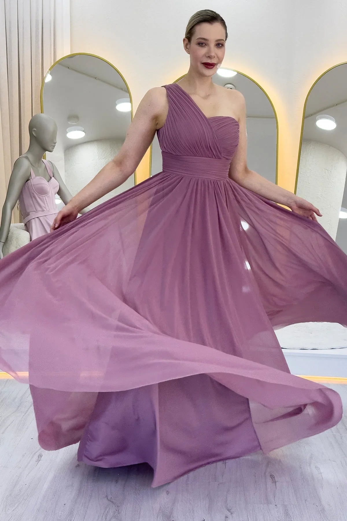 Women's Dusty Rose Tek Omuz Piliseli Flared Evening Gown