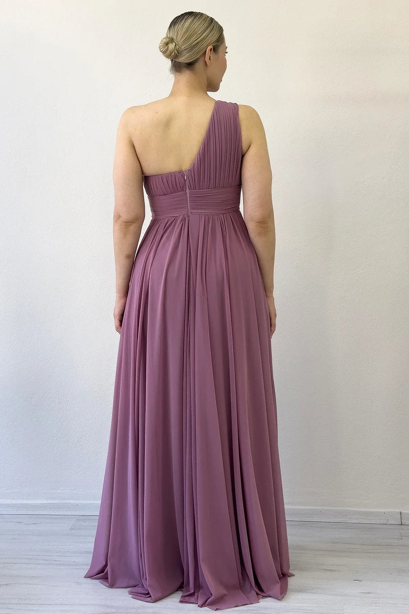 Women's Dusty Rose Tek Omuz Piliseli Flared Evening Gown