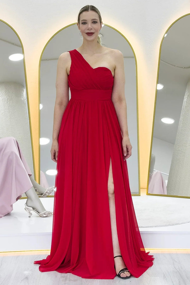 Women's Red Tek Omuz Piliseli Flared Evening Gown