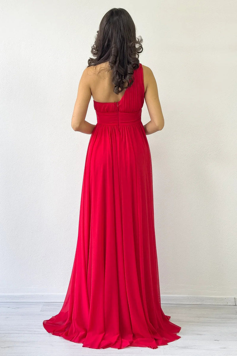 Women's Red Tek Omuz Piliseli Flared Evening Gown