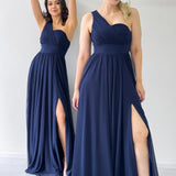 Navy Blue One-Shoulder Draped Maxi Chiffon Evening Dress