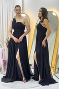 Black One-Shoulder Draped Maxi Chiffon Evening Dress